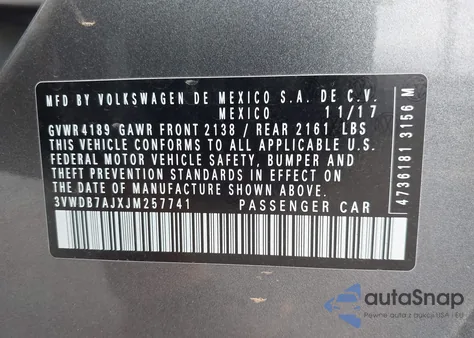 2018 Volkswagen Jetta 1.4T Se/1.4T Wolfsburg Edition z USA, uszkodzony, nr VIN 3VWDB7AJXJM257741